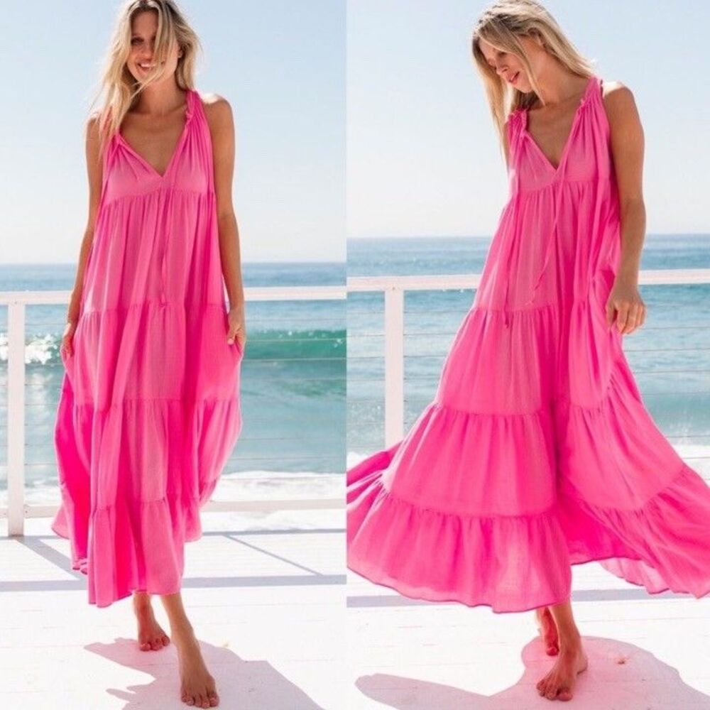 9 Seed Resort Lighthouse Dress S Pink Tiered Midi Long Sleeveless Shift V-neck
